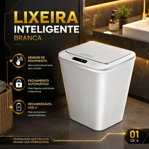 Lixeira Inteligente Automática Branca Universal Com Sensor Hearbuds Recarregável Anti Odor 16l Lixeira Universal Nº2 Branco