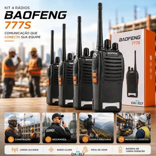 Kit 4 Rádios Comunicadores Walkie Talkie Baofeng 777S Profissional Eventos Radinho walk talk – Com Fone Microfone e Acessórios – Radio De Comunicação Segura Longo distancia Com 16 Canais Davely